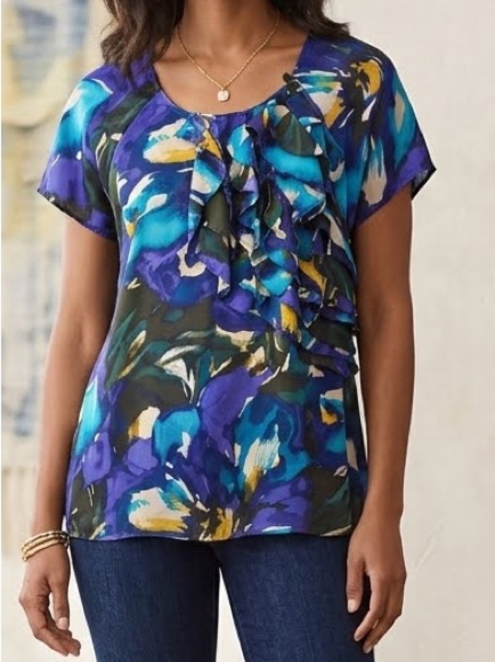 Lane Bryant Blouse Blue Purple Abstract Watercolor Ruffle XL/2XL (See Measures)